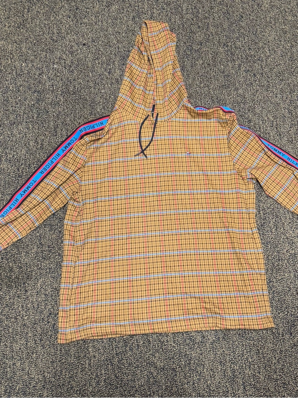 Tommy Hilfiger Tan Plaid Hoodie with Blue-Red Branded Sleeve Tape - Picture 2 of 8